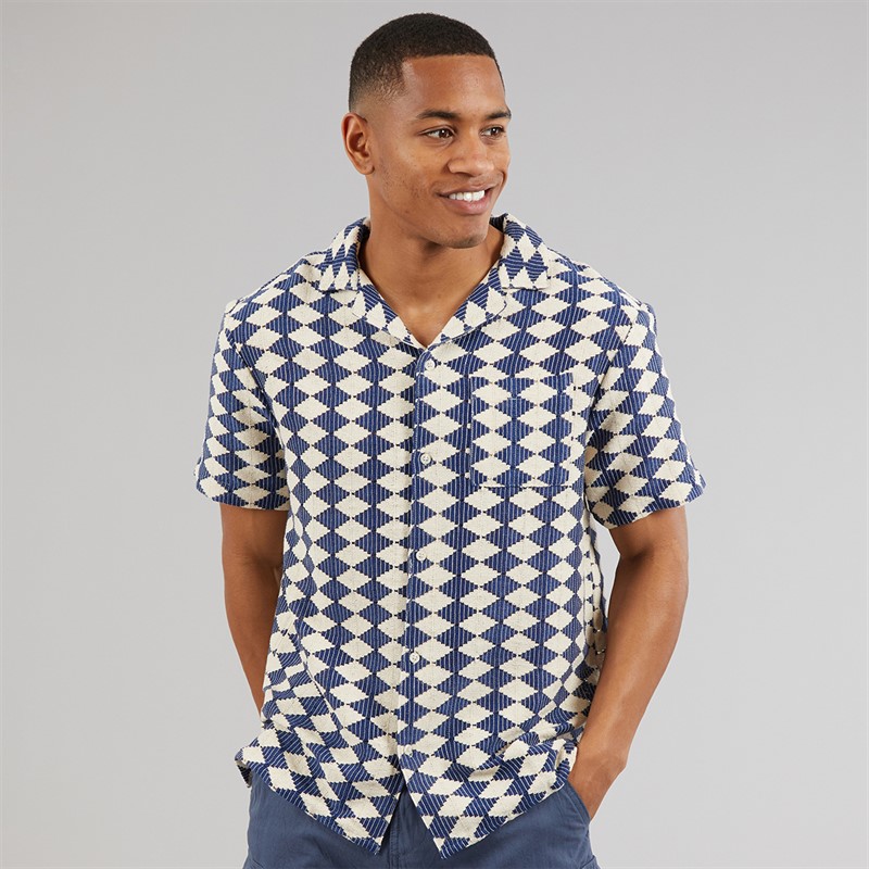 Another Influence Mens Revere Collar Crochet Shirt Navy/Cream