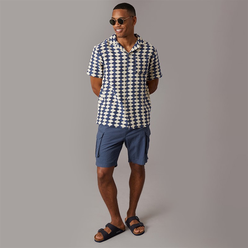 Another Influence Mens Revere Collar Crochet Shirt Navy/Cream