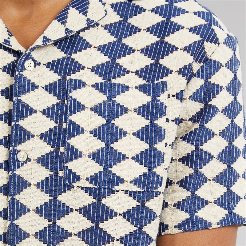 Another Influence Mens Revere Collar Crochet Shirt Navy/Cream