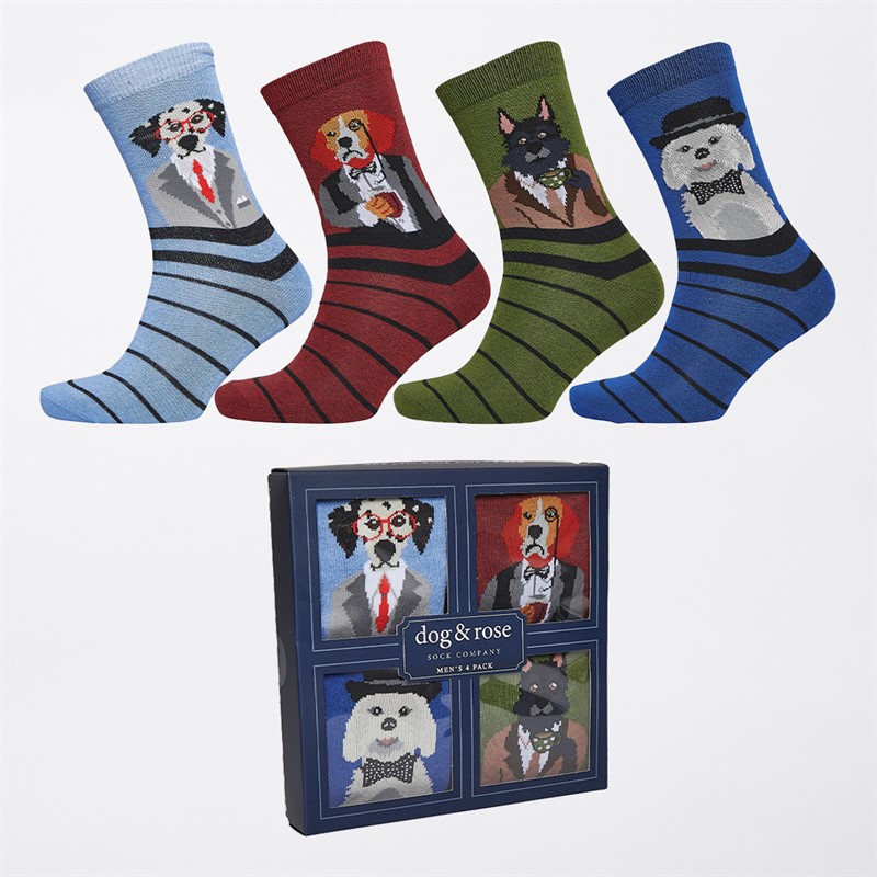 The Orrsum Sock Co. Mens Dog And Rose Gents Four Pack Socks With Gift Box Blue