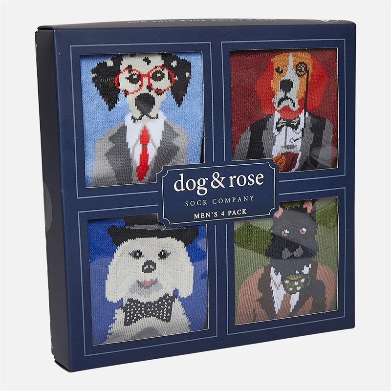 The Orrsum Sock Co. Mens Dog And Rose Gents Four Pack Socks With Gift Box Blue