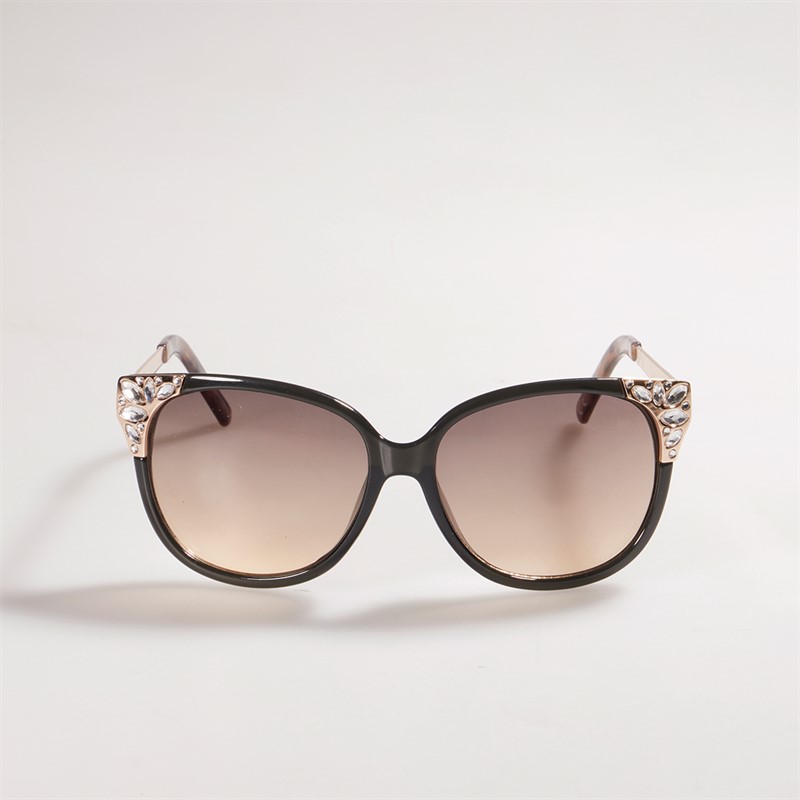 Sunsentials Womens Round Cat With Diamante Sunglasses Black/Gold