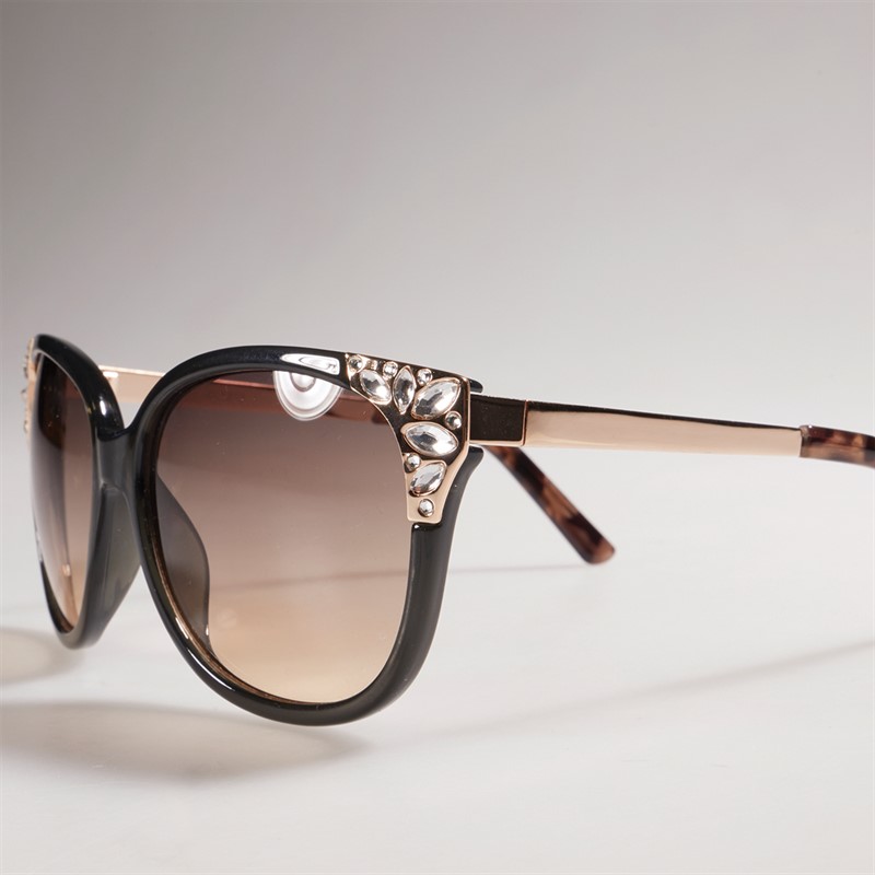 Sunsentials Womens Round Cat With Diamante Sunglasses Black/Gold