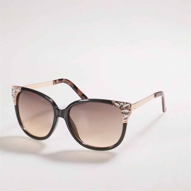 Sunsentials Womens Round Cat With Diamante Sunglasses Black/Gold