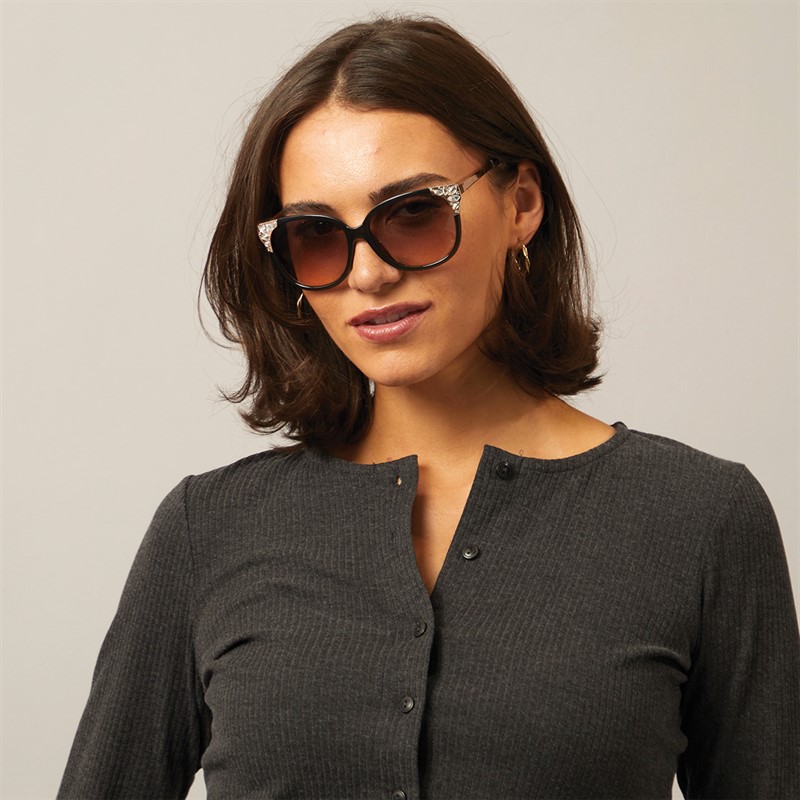 Sunsentials Womens Round Cat With Diamante Sunglasses Black/Gold