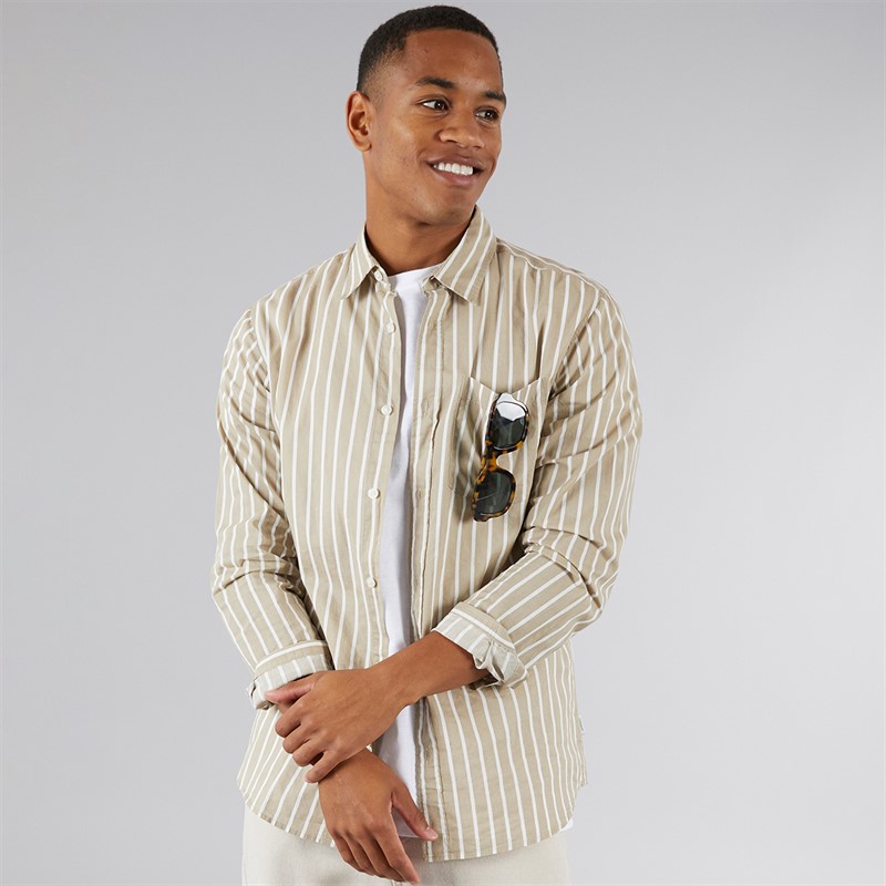 JJ REBEL Mens Row Stripe Long Sleeve Shirt Crockery - Size M