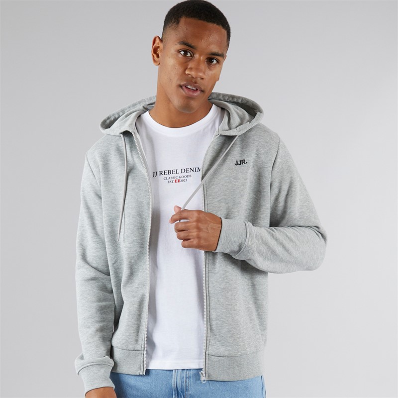 JJ REBEL Mens Rebel Logo Zip Hoodie Light Grey Melange - Size L