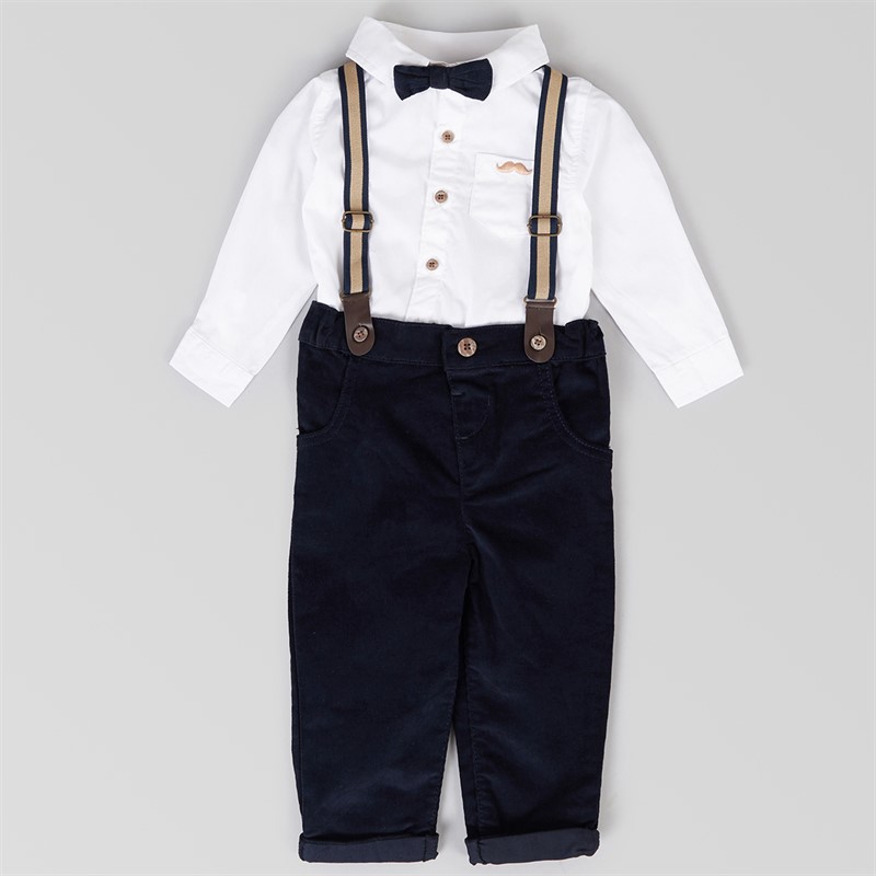 Little Gent Boys Bodysuit Brushed Fine Corduroy Bowtie and Trousers with Braces Set Navy