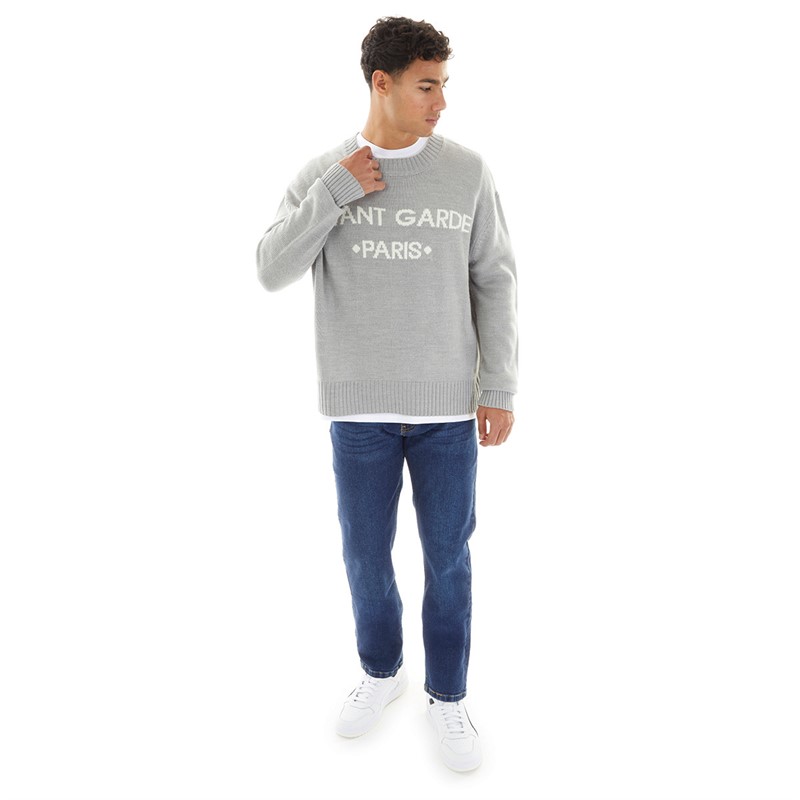 Avant Garde Mens Blanc Relaxed Fit Crew Neck Jumper Grey Marl