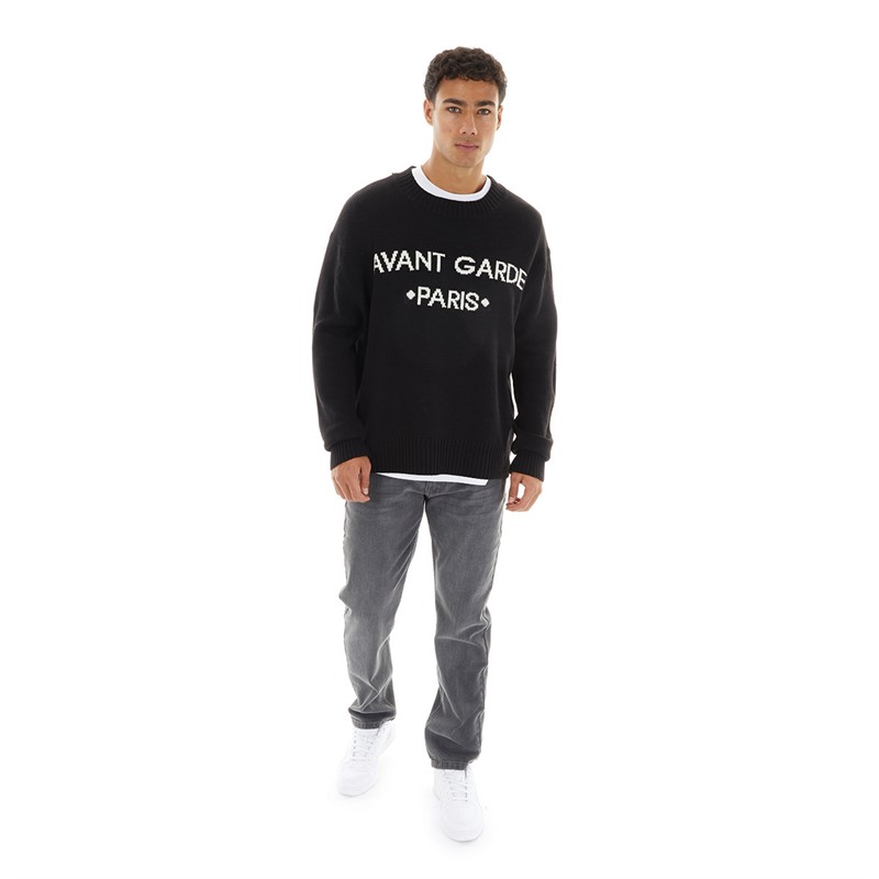 Avant Garde Mens Blanc Relaxed Fit Crew Neck Jumper Black