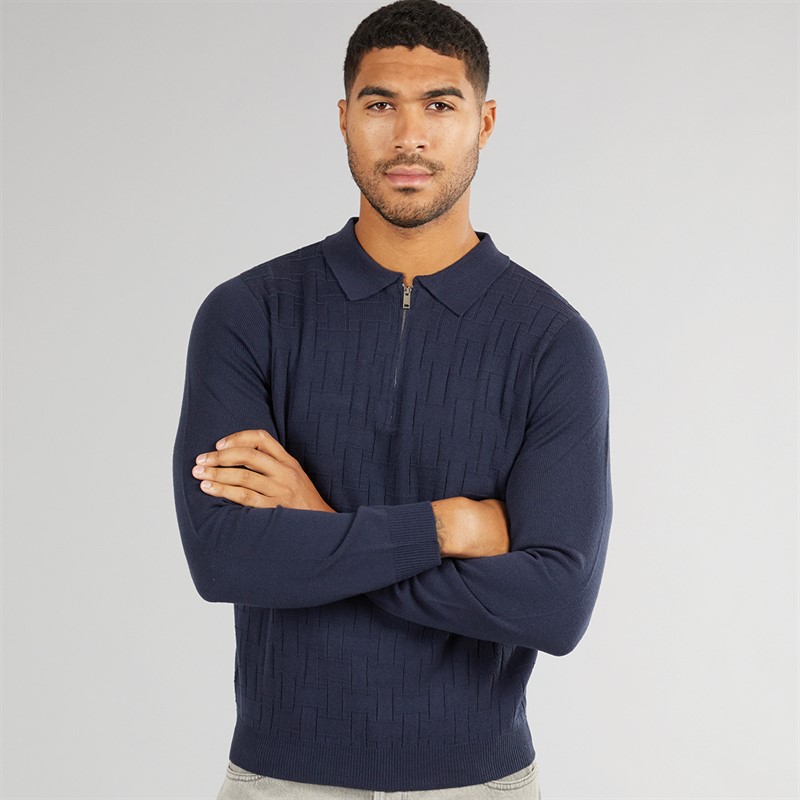 Avant Garde Mens Cason Textured Knit Polo Shirt Navy