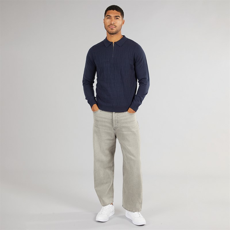 Avant Garde Mens Cason Textured Knit Polo Shirt Navy