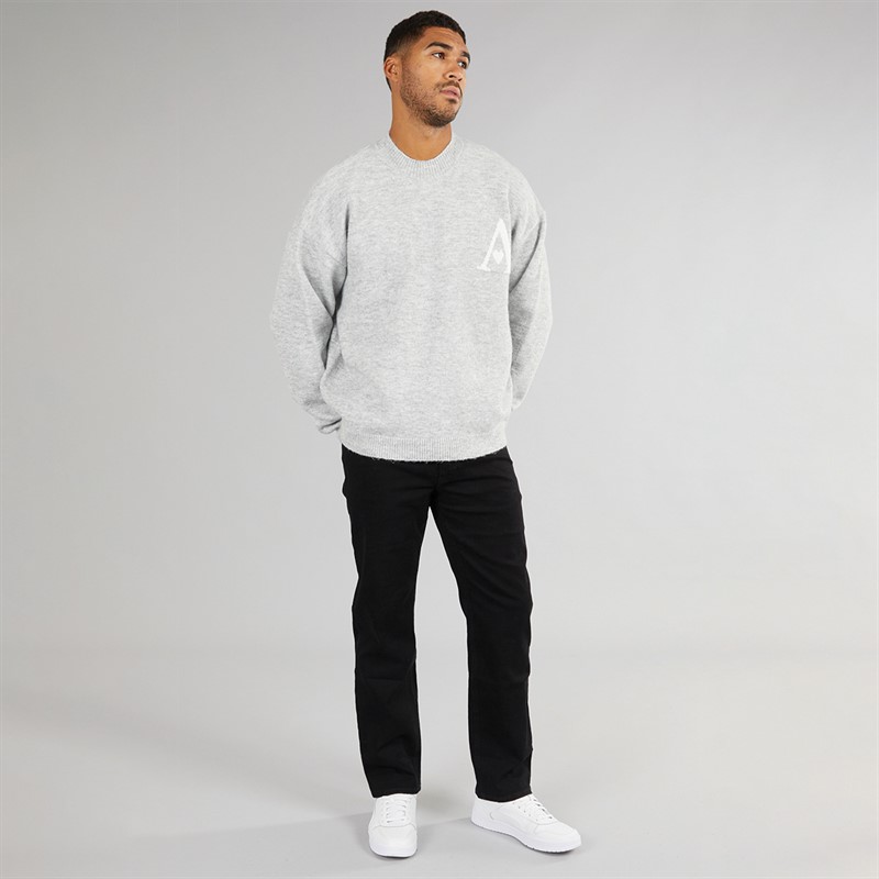 Avant Garde Mens Hearts Knitted Crew Neck Jumper Light Grey Marl