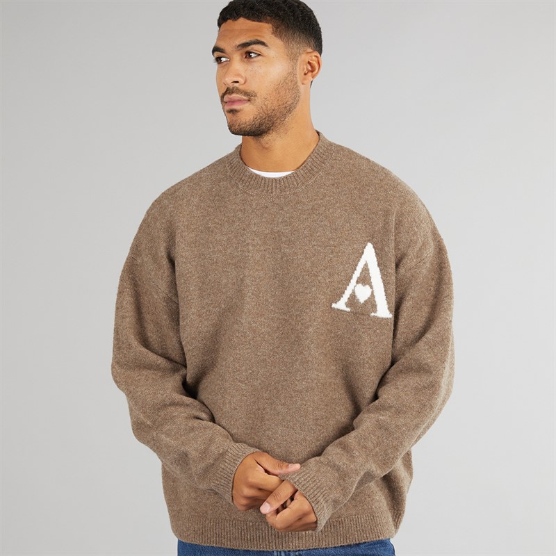 Avant Garde Mens Hearts Knitted Crew Neck Jumper Mink
