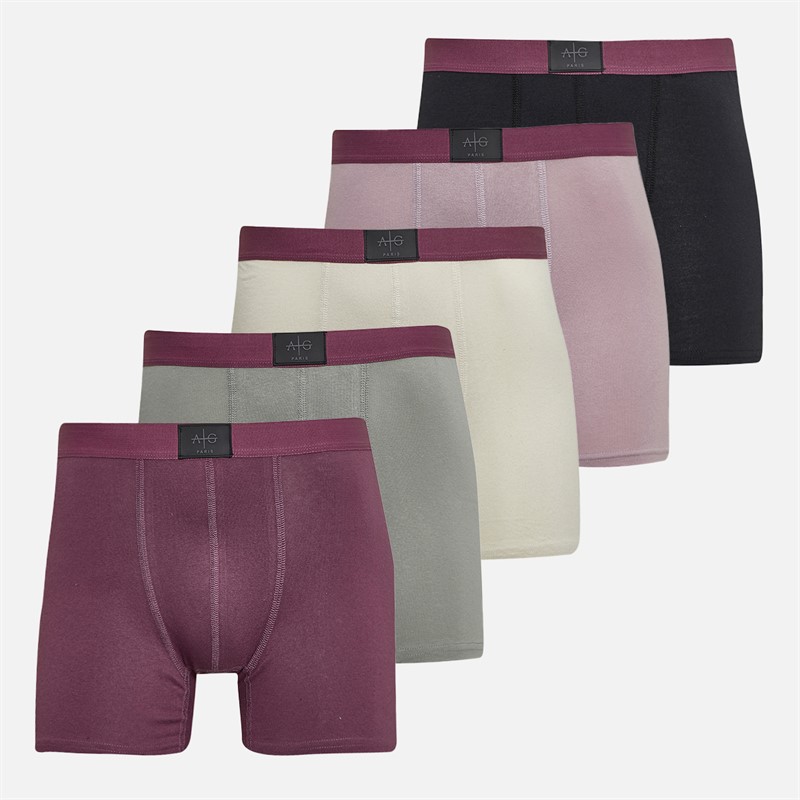 Avant Garde Mens Berry Five Pack Boxers Ecru/Grey/Berry/Black/Mauve - Size M