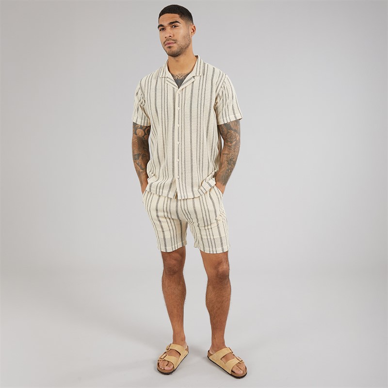 Avant Garde Mens Caspian Textured Short Sleeve Shirt And Shorts Set White/Navy