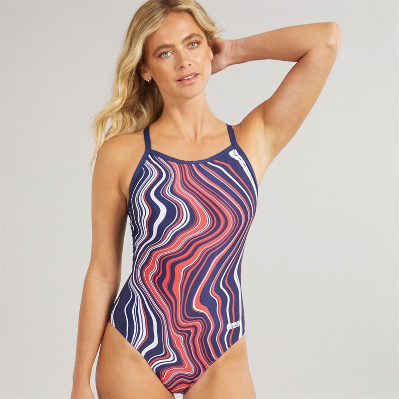 Arena Womens Marbled Lightdrop Back Swimsuit Navy/Red/Multi - Size 42