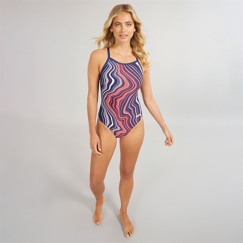 Arena Womens Marbled Lightdrop Back Swimsuit Navy/Red/Multi