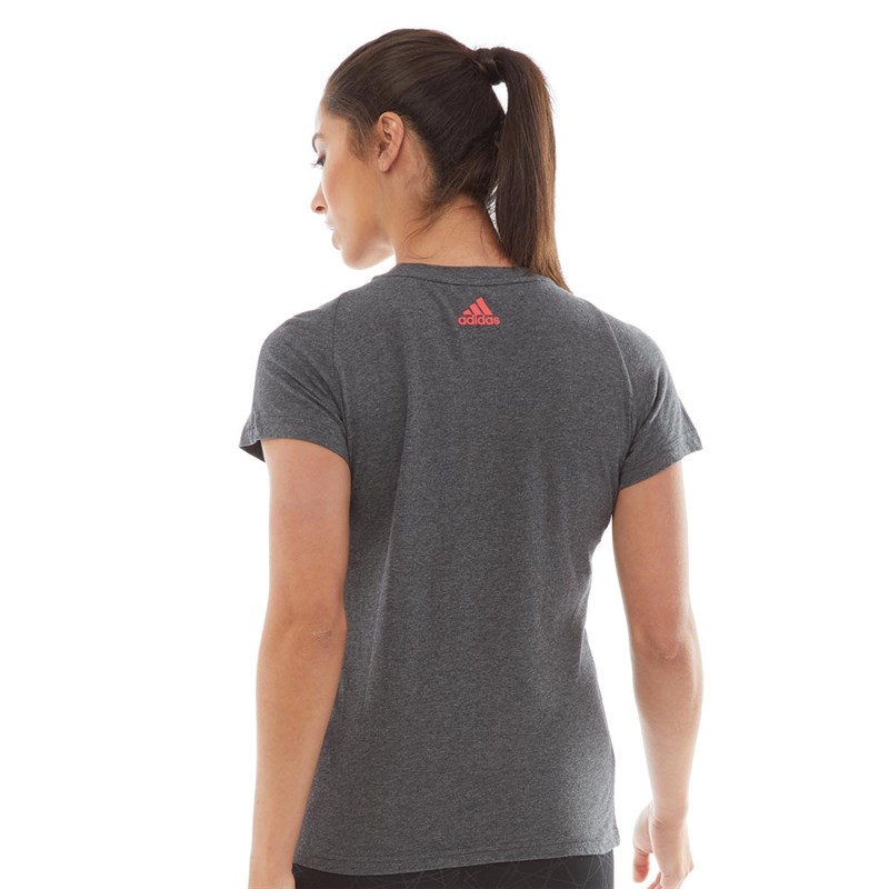 adidas Womens Athletics Essentials Linear Slim T Shirt Dark Grey HeatherReal Coral adidas Womens Athletics Essentials Linear Slim T Shirt Dark Grey HeatherReal Coral
