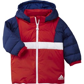 adidas childrens colorblock primegreen long down hooded jacket victory blue