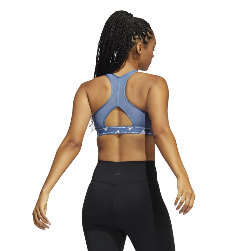 adidas Womens Powerreact Aeroready 3-Stripes Medium Support Sports Bra Altered Blue/White