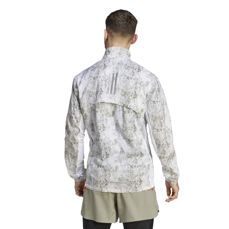 adidas Mens Allover Print Marathon Water-Repellent Running Jacket White/Aluminium/Silver Pebble/Focus Olive