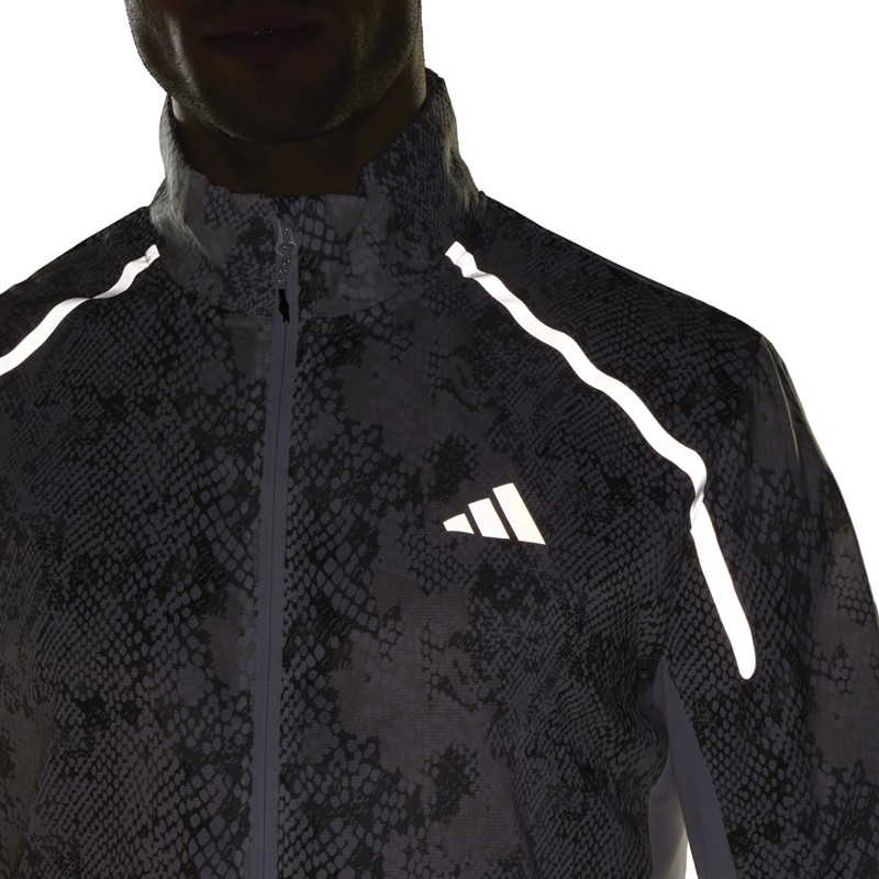 adidas Mens Allover Print Marathon Water-Repellent Running Jacket White/Aluminium/Silver Pebble/Focus Olive