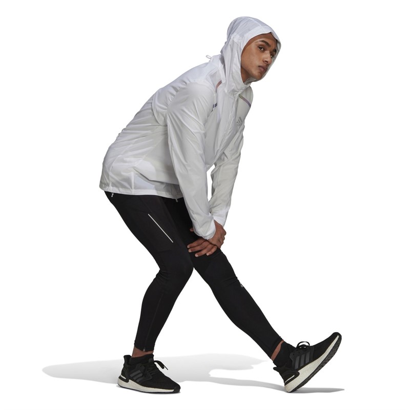 adidas Mens Marathon Wind.Rdy Water-Repellent Running Hooded Jacket White