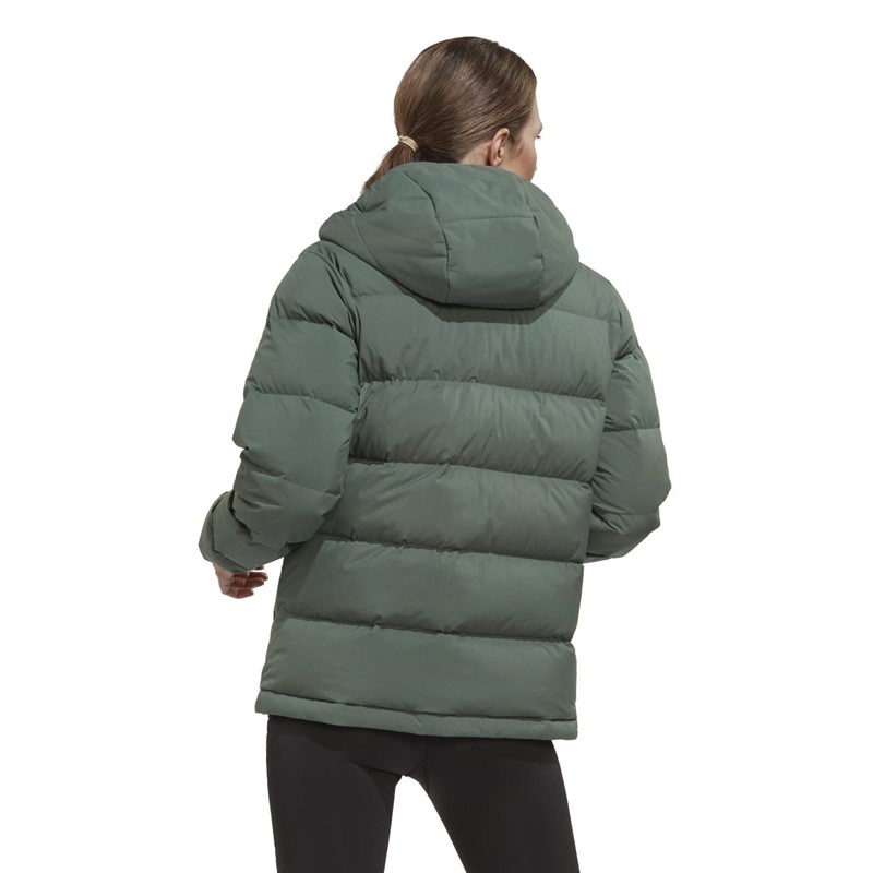 adidas Womens Helionic Padded Hooded Down Jacket Green Oxide