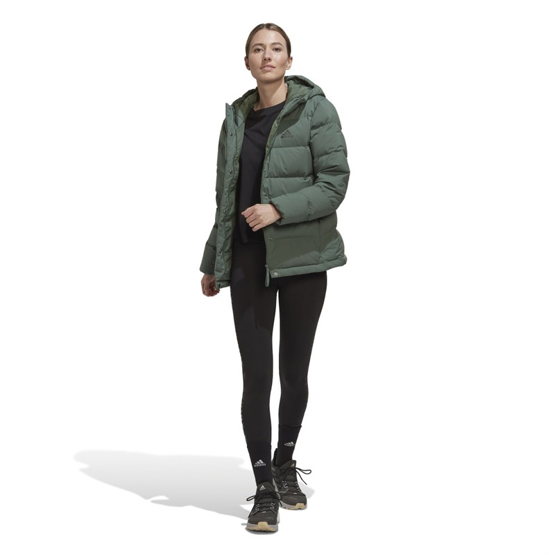 adidas Womens Helionic Padded Hooded Down Jacket Green Oxide