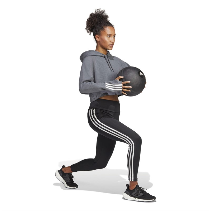 adidas Womens Train Essentials Aeroready 3-Stripes Hoodie Dark Grey Heather/White