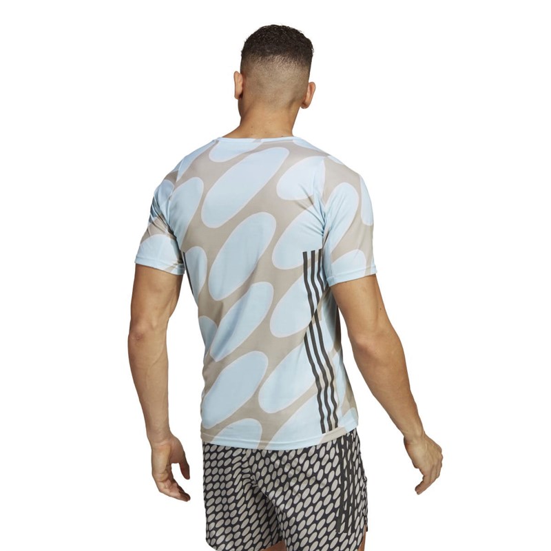 adidas Mens X Marimekko Run Icons 3-Stripes Aeroready Running Top Ice Blue/Light Brown/Halo Blue/White