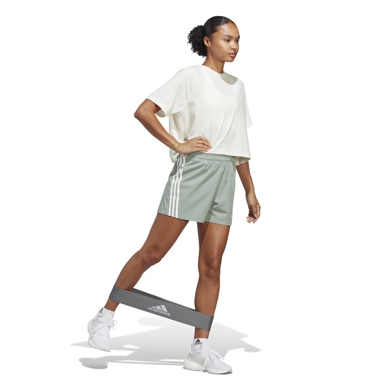 adidas Womens Train Icons Aeroready 3-Stripes Woven Shorts Silver Green/White