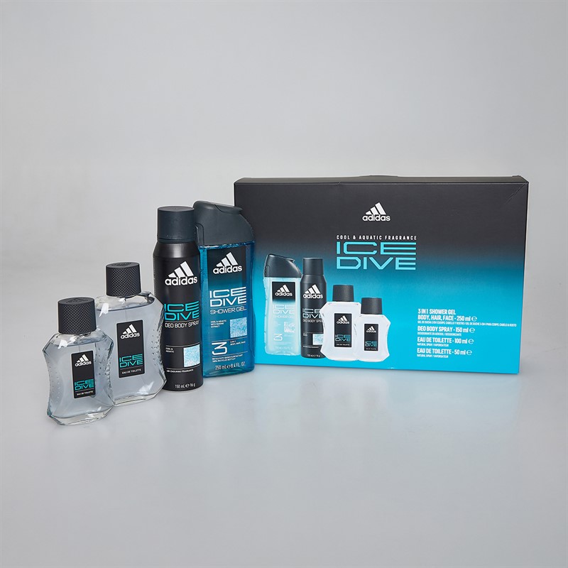 adidas Mens Ice Dive Set Four Piece 100ml EDT 50ml EDT 150ml Deo Spray And 250ml Shower Gel Multi