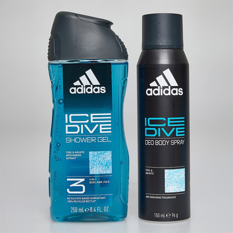 adidas Mens Ice Dive Set Four Piece 100ml EDT 50ml EDT 150ml Deo Spray And 250ml Shower Gel Multi