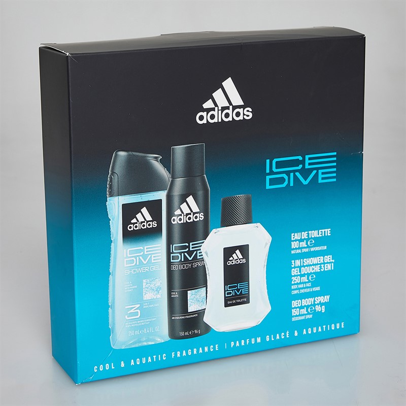 adidas Mens Ice Dive Set Three Piece 100ml EDT 150ml Deo Spray And 250ml Shower Gel Multi