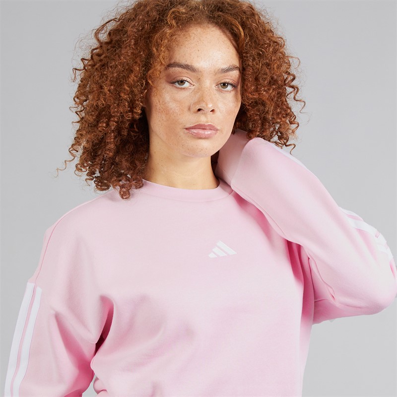 adidas Womens Essentiasl 3-Stripes Fleece Crew Sweat Clear Pink/White