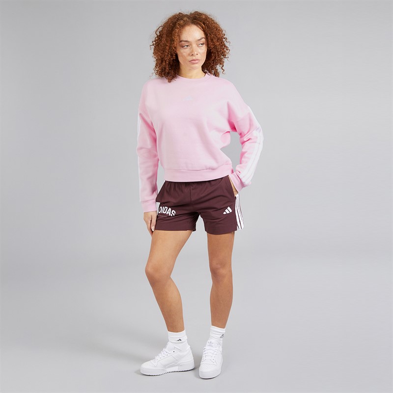 adidas Womens Essentiasl 3-Stripes Fleece Crew Sweat Clear Pink/White