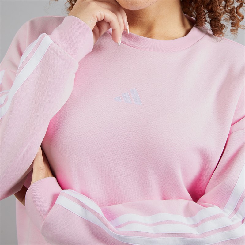 adidas Womens Essentiasl 3-Stripes Fleece Crew Sweat Clear Pink/White