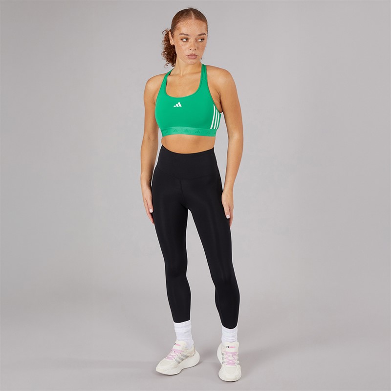 adidas Womens Powerreact Hyperglam Medium Support Sports Bra Semi Court Green/White