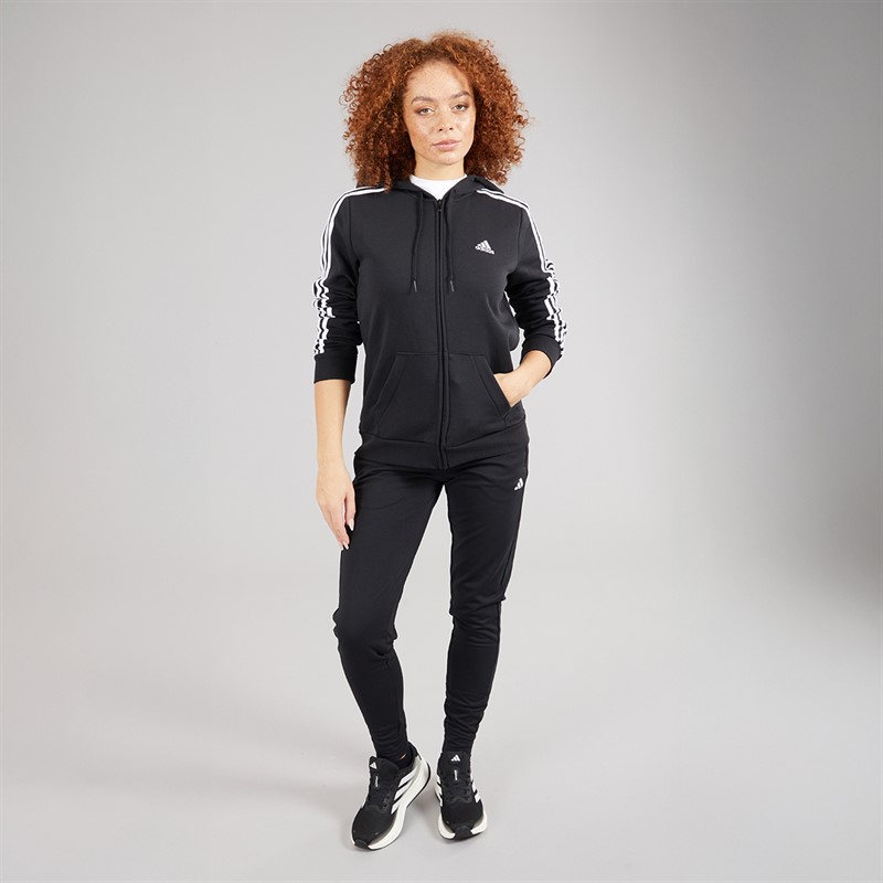 adidas Womens Essentials Fleece 3-Stripes Fille Zip Hoodie Black/White