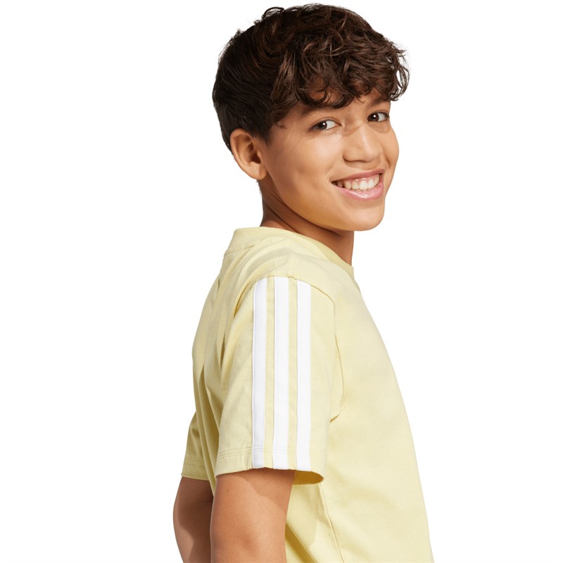 adidas Junior Junge Essentials 3 Streifen T Shirt Powder Yellow/Weiß