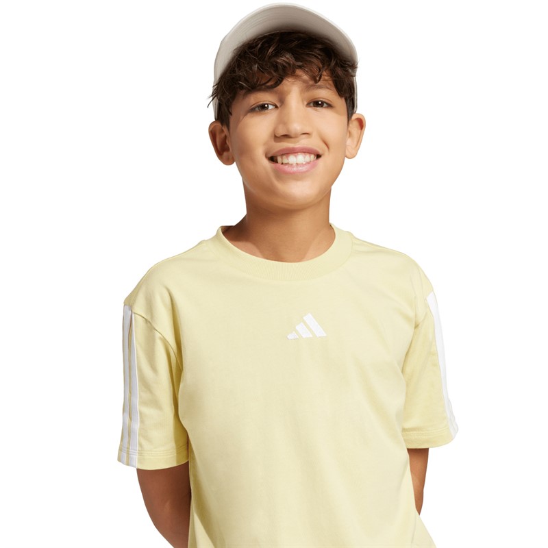 adidas Junior Junge Essentials 3 Streifen T Shirt Powder Yellow/Weiß