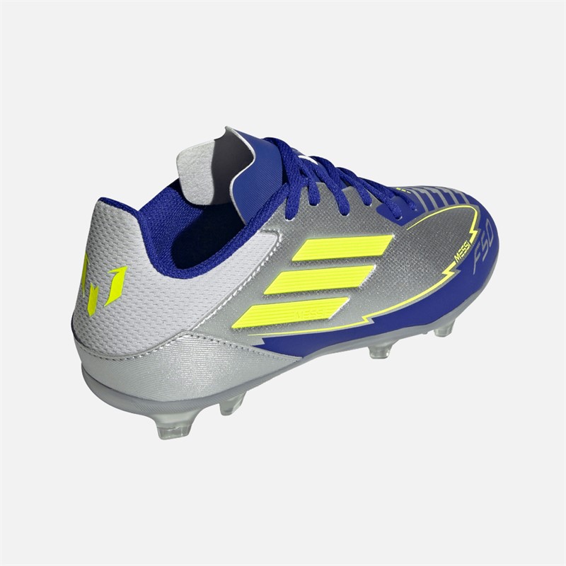 adidas Junior F50 Liga Messi FG/MG fester/mehrfach Boden Fußballschuhe Silver Metallic/Solar Yellow/Lucid Blue