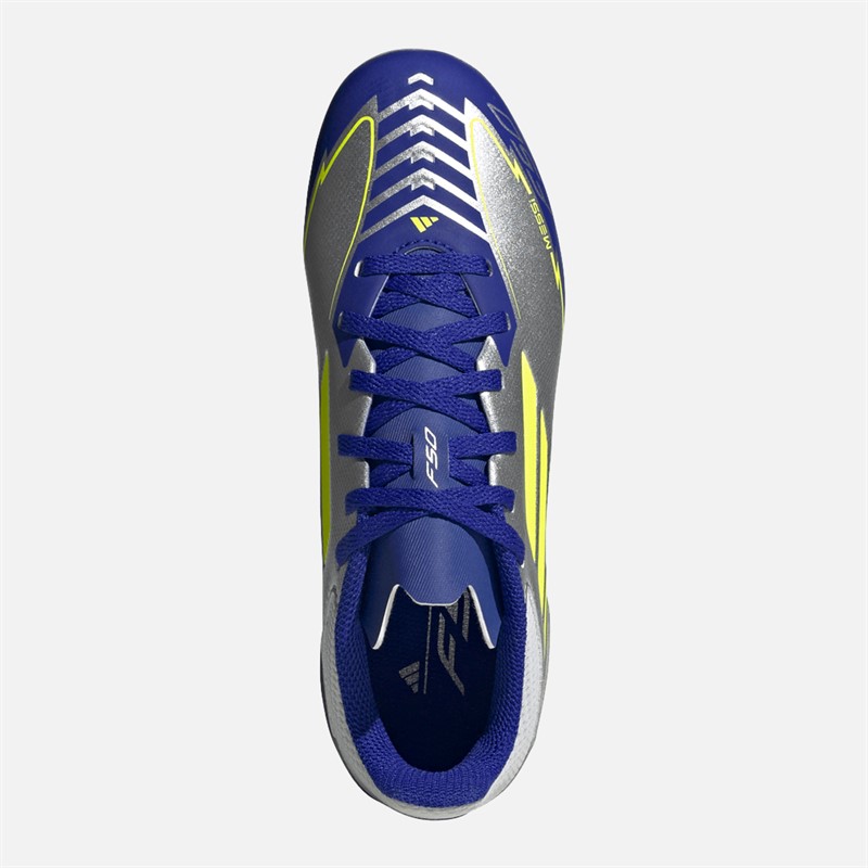 adidas Junior F50 Liga Messi FG/MG fester/mehrfach Boden Fußballschuhe Silver Metallic/Solar Yellow/Lucid Blue