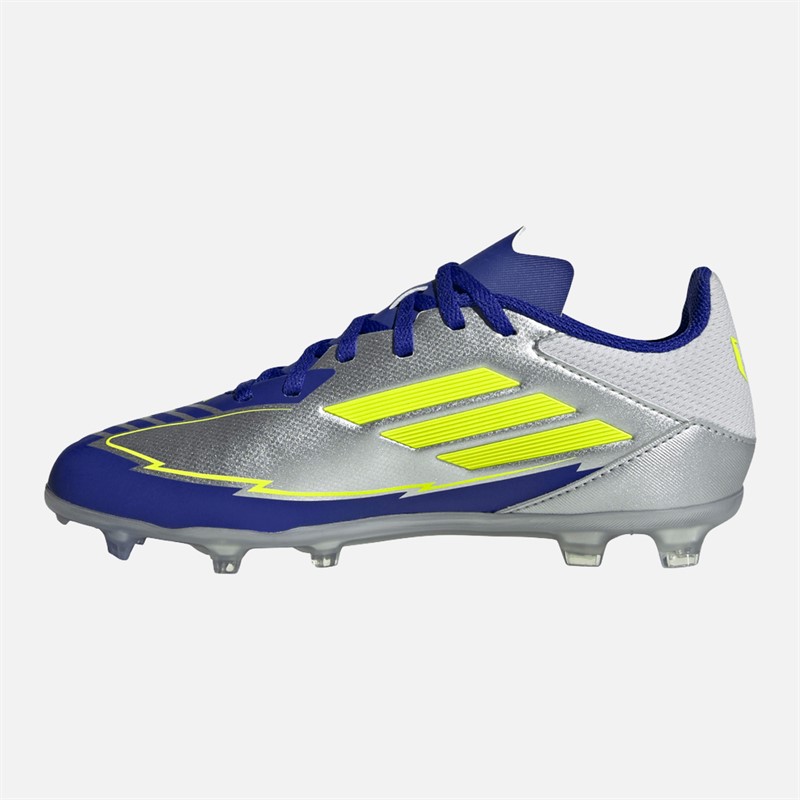 adidas Junior F50 Liga Messi FG/MG fester/mehrfach Boden Fußballschuhe Silver Metallic/Solar Yellow/Lucid Blue