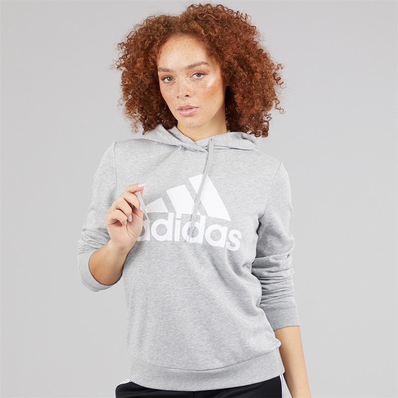 adidas Womens Essentials Logo Relaxed Fit Hoodie Medium Grey Heather/White