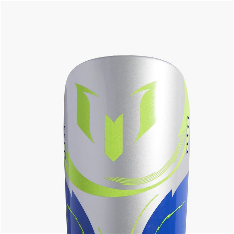 adidas Junior Messi Match Slip In Shin Guards Silver Metallic/Lucid Blue/Solar Yellow