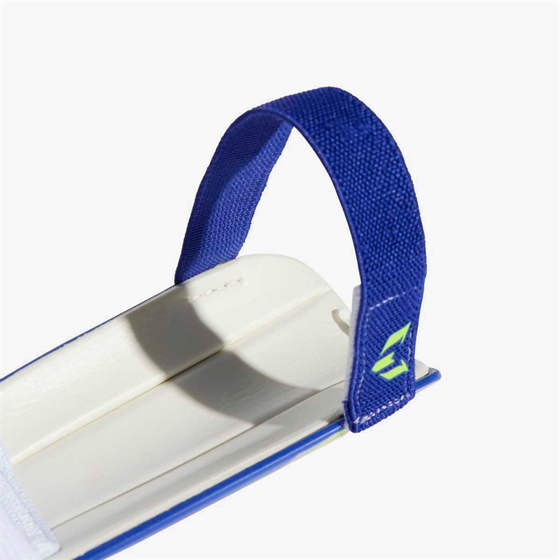 adidas Junior Messi Match Slip In Shin Guards Silver Metallic/Lucid Blue/Solar Yellow