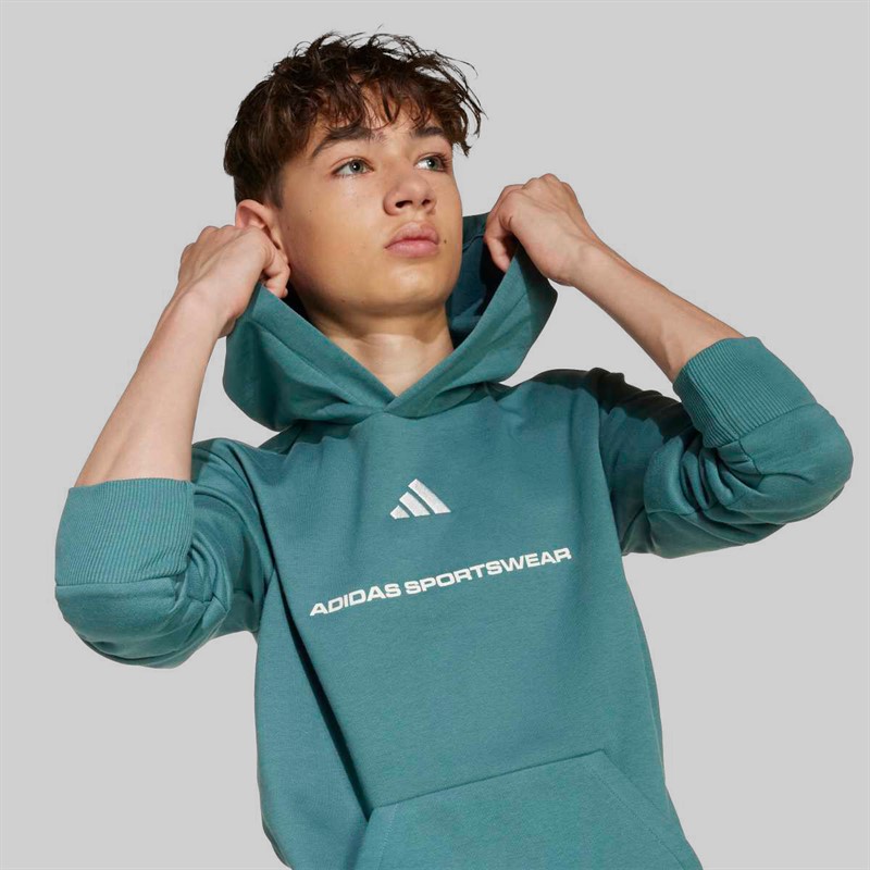 adidas Junior Boys Slogan Fleece Hoodie Preloved Teal